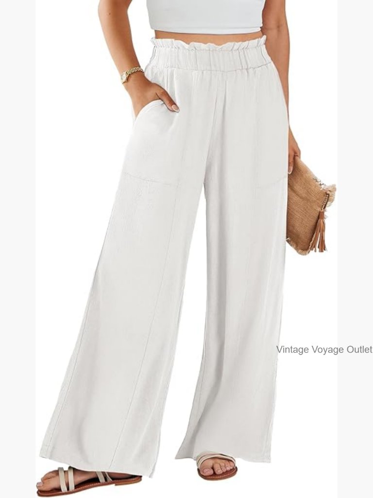Linen Wide Leg Palazzo Pants High Waist Flowy Beach Trousers